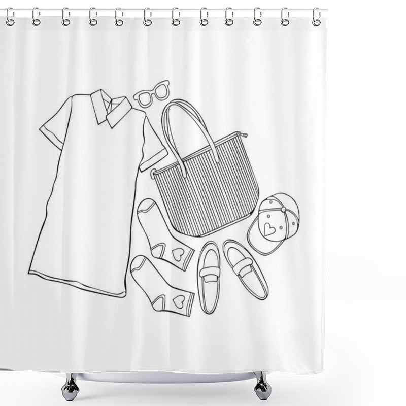 Personality  Women's Clothing. Fashionable Set. Sketch Art. Isolated Vector Object On White Background. Cartoon Print. Dress, Baseball Cap, Bag, Shoes, Socks, Sunglasses.  Shower Curtains