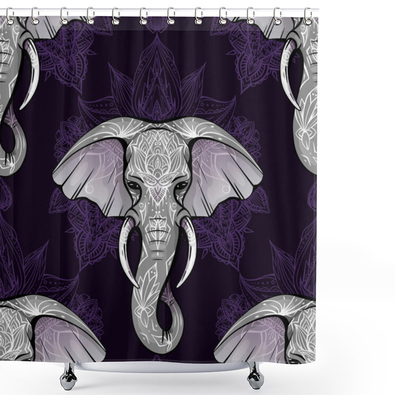 Personality  Seamless Pattern With Ethnic Elephant Head With Mehendi Decoration And Mandala On Violet Background. Spiritual Ganesha With Tribal Decoration. Vector Texture For Fabric, Wallpapers And Your Creativity Shower Curtains