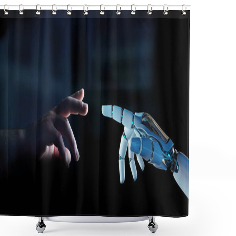 Personality  White Cyborg Finger About To Touch Human Finger On Dark Background 3D Rendering Shower Curtains