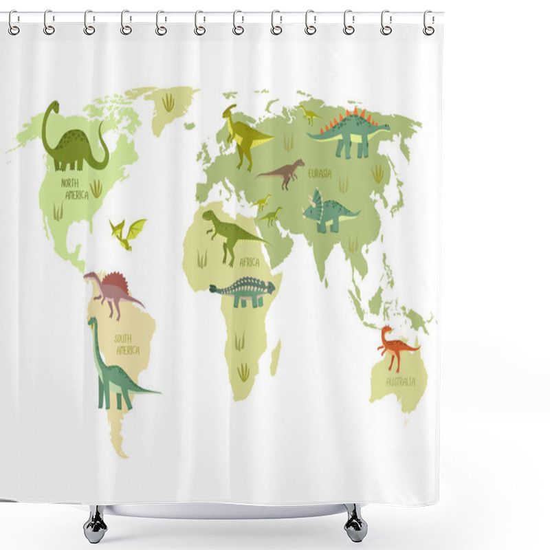 Personality  Print. World Map With Dinosaurs. Dino World Map. Cartoon Dinosaurs. Shower Curtains