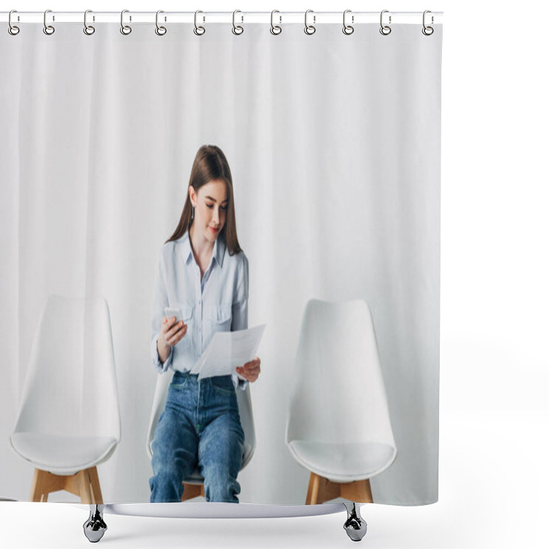 Personality  Beautiful Woman Using Smartphone And Holding Resume On Chair In Office  Shower Curtains