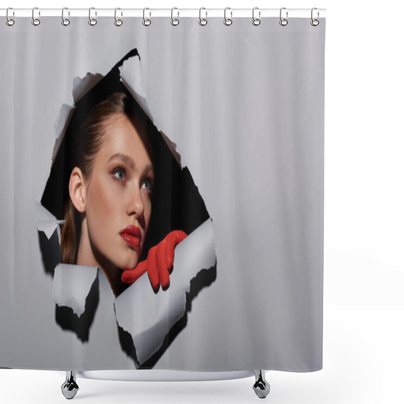 Personality  Pretty Young Woman With Blue Eyes And Red Lipstick Peeking Through Hole In Ripped Grey Paper Shower Curtains