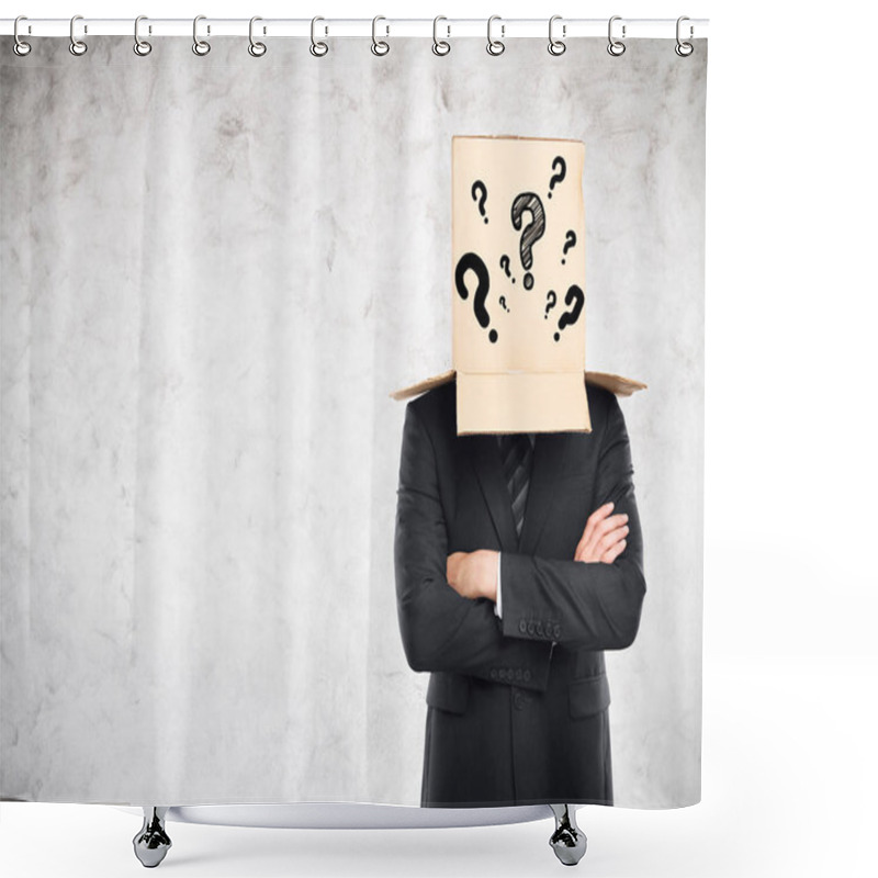 Personality  Businessman With Folded Arms And Cardboard Box With Question Marks Covering Head On Concrete Background. Confusion Concept Shower Curtains