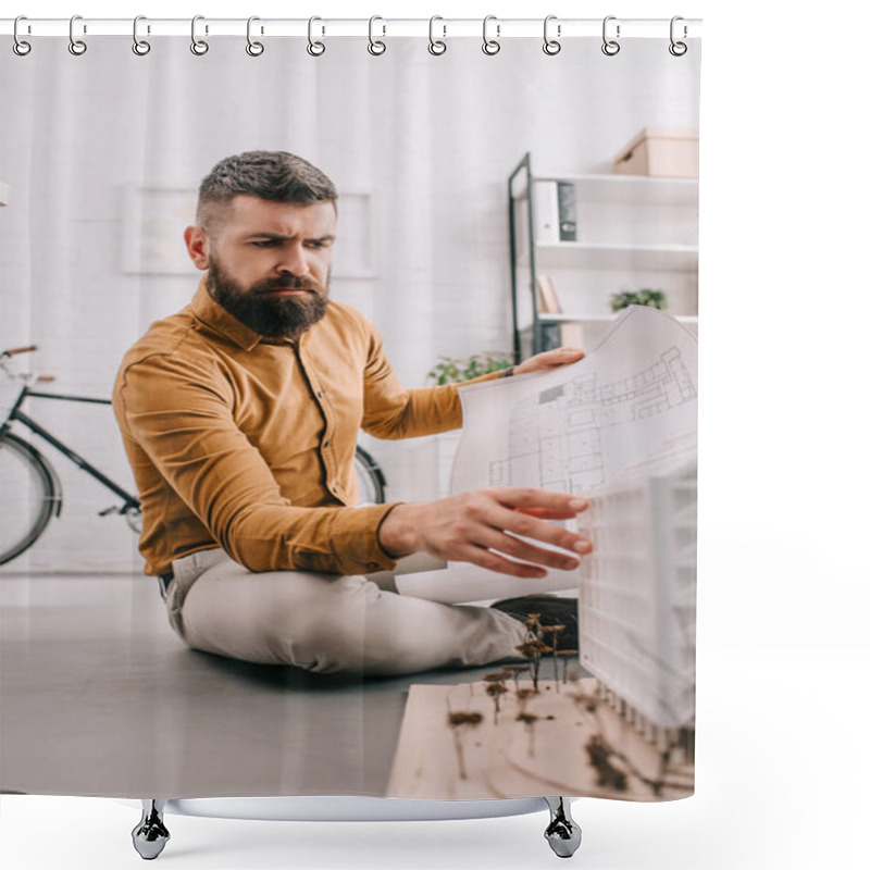 Personality  Focused Bearded Adult Male Architect Holding Blueprint And Working On Construction Project In Office  Shower Curtains