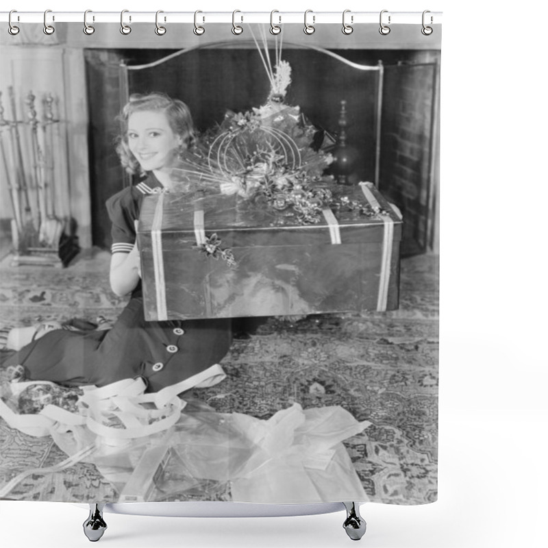 Personality  Young Woman Sitting In A Living Room Showing A Present Shower Curtains