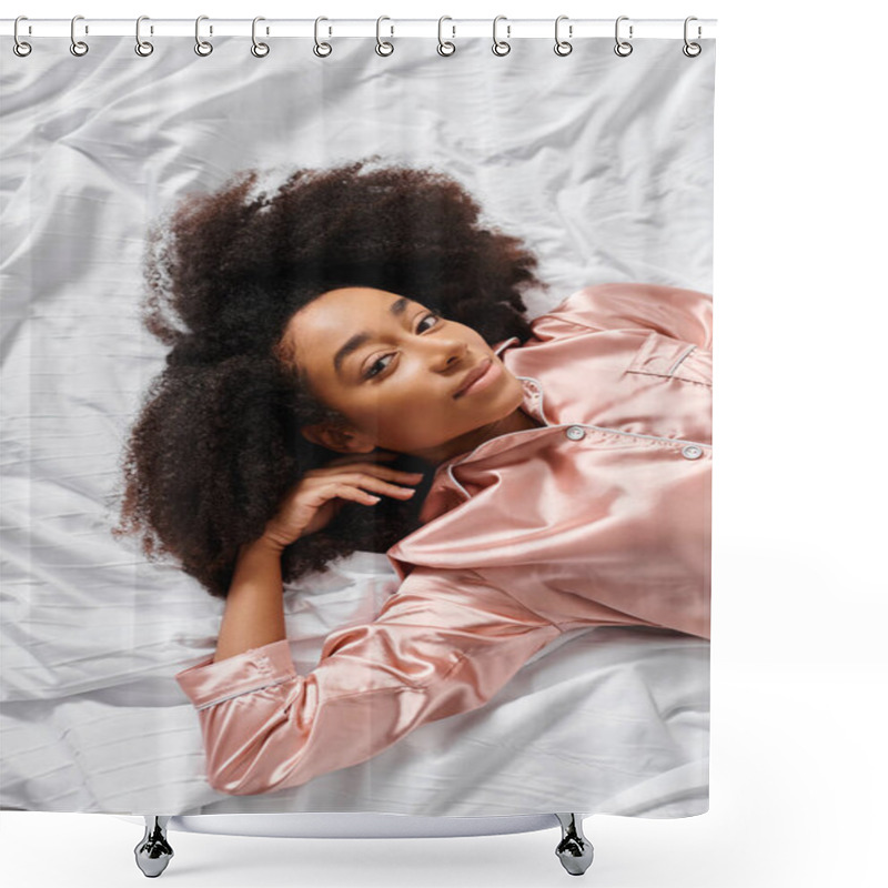 Personality  A Curly African American Woman In Pajamas Peacefully Lays On Top Of A White Sheet In Her Bedroom During Morning Time. Shower Curtains