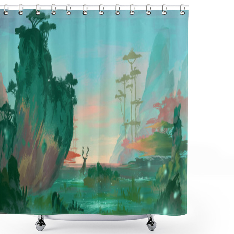 Personality  Chinese Style Mountains Waters Painting. SpitPaint. Concept Art. Fast Drawings. Sketch Paint. Realistic Style. Video Game Digital CG Artwork, Concept Illustration, Realistic Cartoon Style Scene Design Shower Curtains