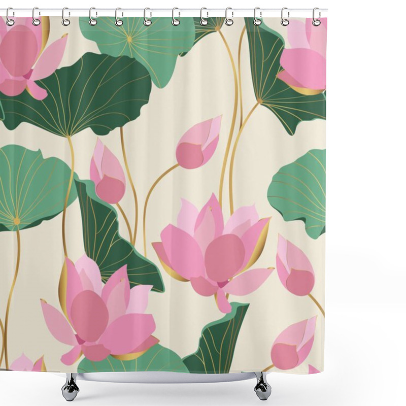 Personality  Green, Pink Abstract Golden Lotus Flowers And Leaves, Simple Line Arts On White Background. Wallpaper Design For Prints, Banner, Fabric, Poster. Shower Curtains