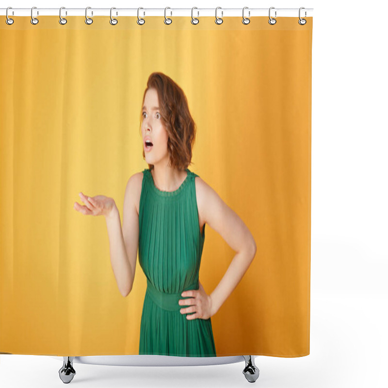 Personality  Portrait Of Shocked Woman With Outstretched Arm Isolated On Orange Shower Curtains