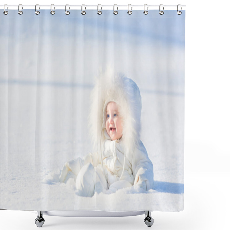 Personality  Baby Girl In A Warm White Snow Suit Playing In Snow Shower Curtains