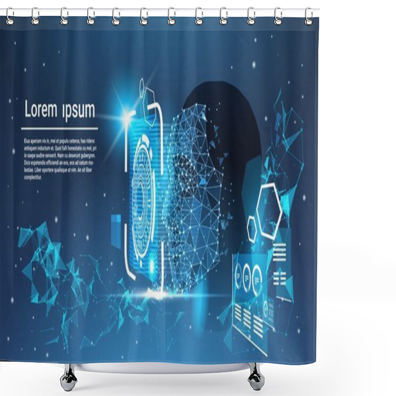 Personality  Face Recognition System Concept Low Polygon Human Face Scanning Blue Template Background With Copy Space Shower Curtains