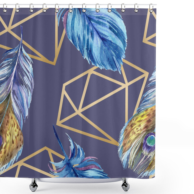 Personality  Colorful Feathers With Golden Diamonds Illustration Isolated On Purple. Seamless Background Pattern. Fabric Wallpaper Print Texture. Shower Curtains