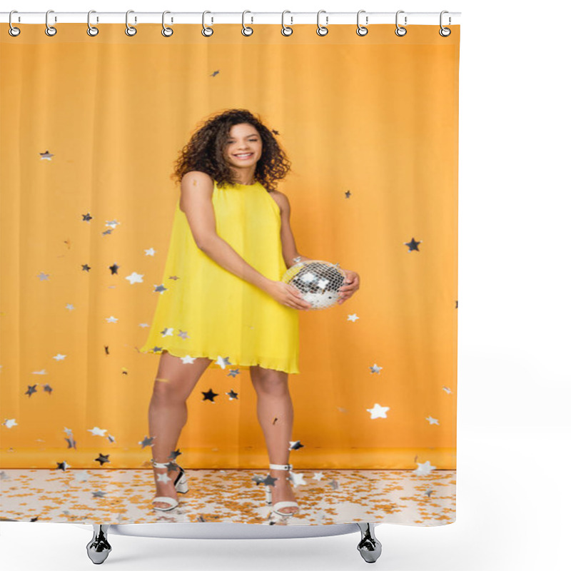 Personality  Attractive African American Girl Holding Disco Ball Near Shiny Confetti Stars On Orange  Shower Curtains