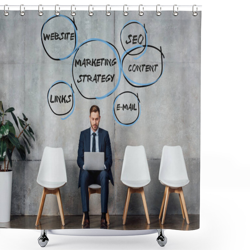 Personality  Smiling Businessman Sitting On Chair And Using Laptop In Waiting Hall With Marketing Strategy Illustration On Wall Shower Curtains