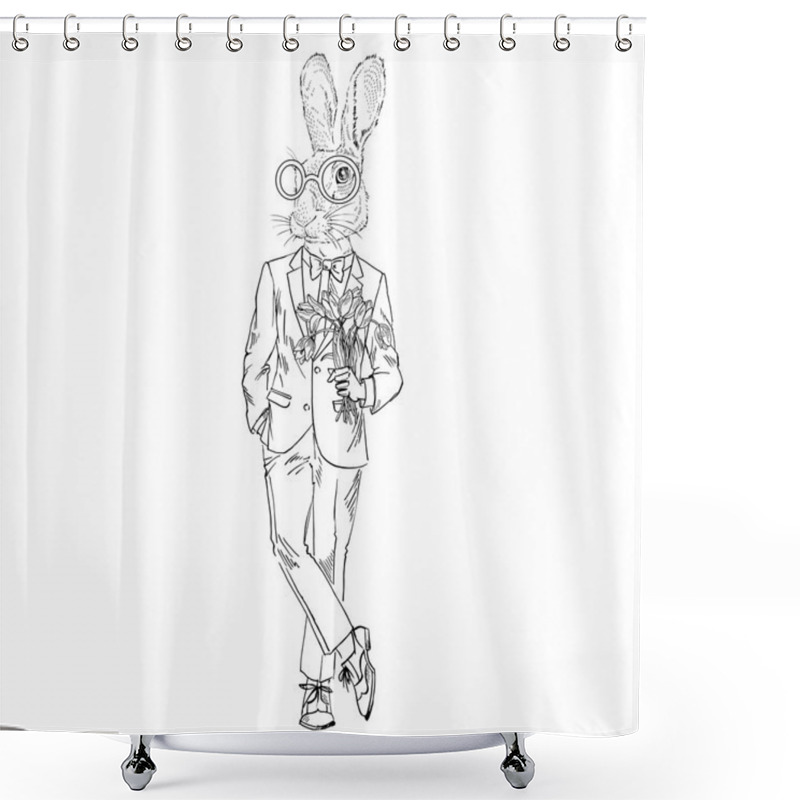 Personality  Bunny Gentleman With Flowers Shower Curtains