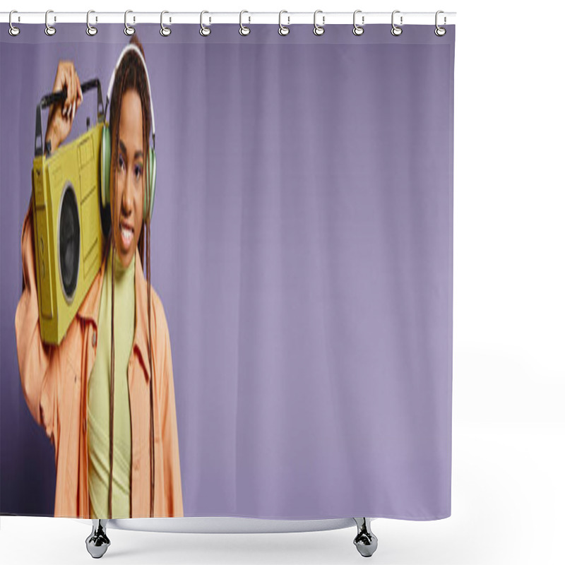 Personality  Happy African American Woman In Wireless Headphones Standing With Retro Boombox On Purple, Banner Shower Curtains