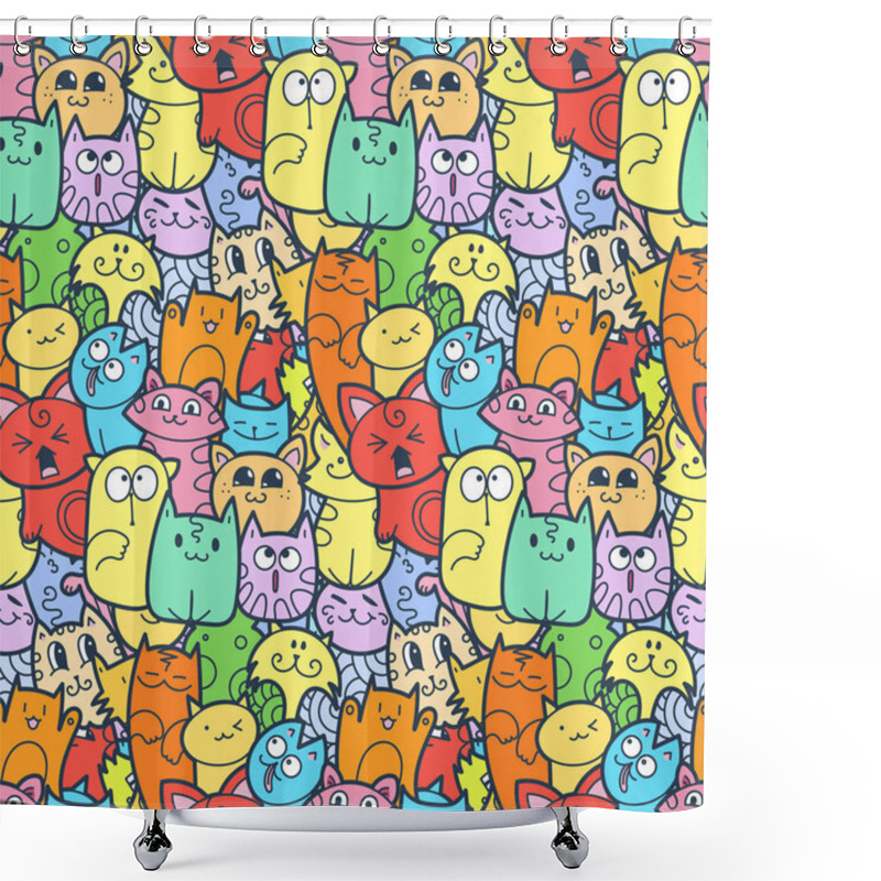 Personality  Funny Doodle Cats And Kittens Seamless Pattern For Prints, Designs And Coloring Books Shower Curtains