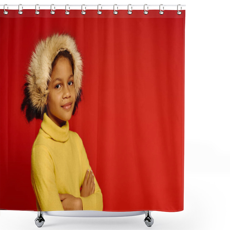 Personality  A Girl In A Cozy Yellow Sweater And Fur Hat Radiates Joy And Confidence At Christmas. Shower Curtains