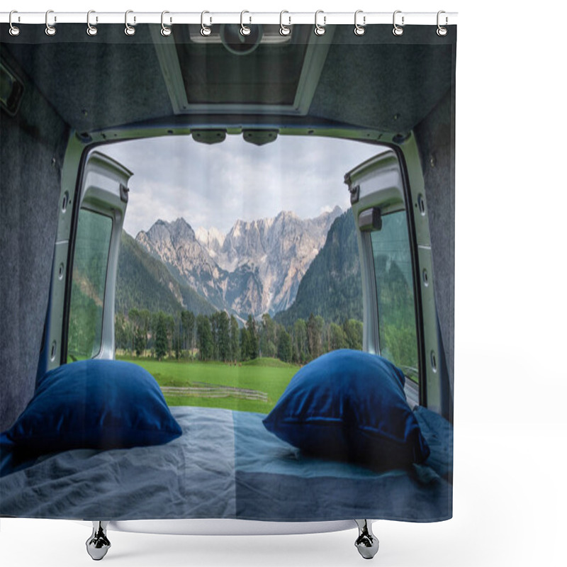 Personality  View From Bed In Camper Van To Green Meadow In Zgornje Jezersko And Kamnik-Savinja Alps On A Cloudy Summer Day In Slovenia Shower Curtains