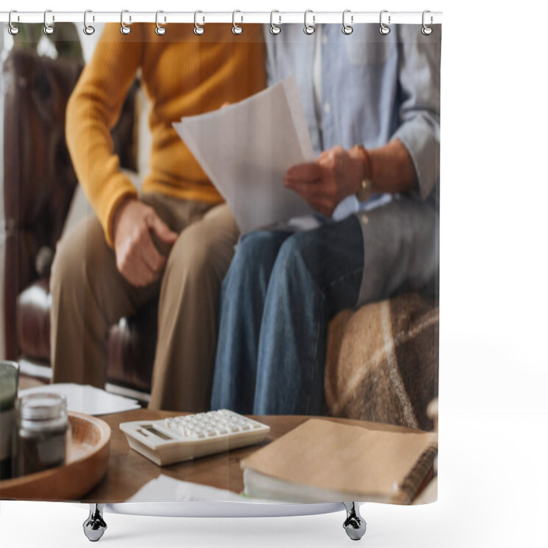 Personality  Cropped View Of Elderly Couple With Bills Sitting Near White Calculator On Table On Blurred Background At Home Shower Curtains