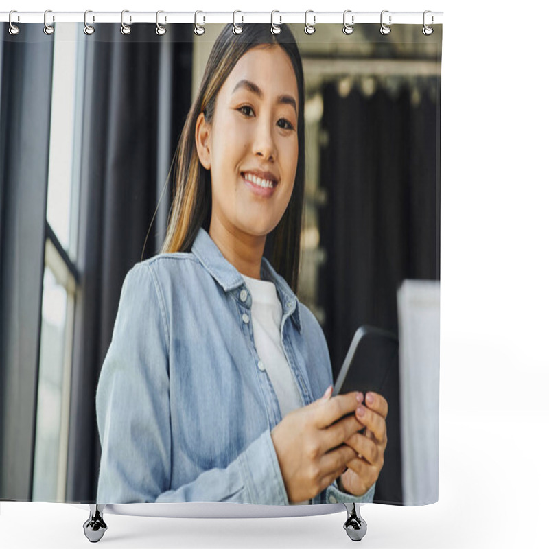 Personality  Youthful And Trendy Asian Businesswoman With Brunette Hair And Happy Smile Networking On Mobile Phone And Looking At Camera In Contemporary Office, Ambitious And Career Oriented Person Shower Curtains