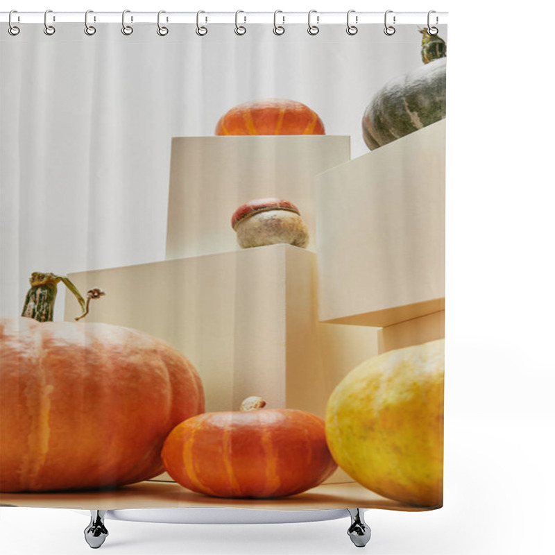 Personality  Autumnal Stylish Decor With Pumpkins On Beige Cubes Shower Curtains