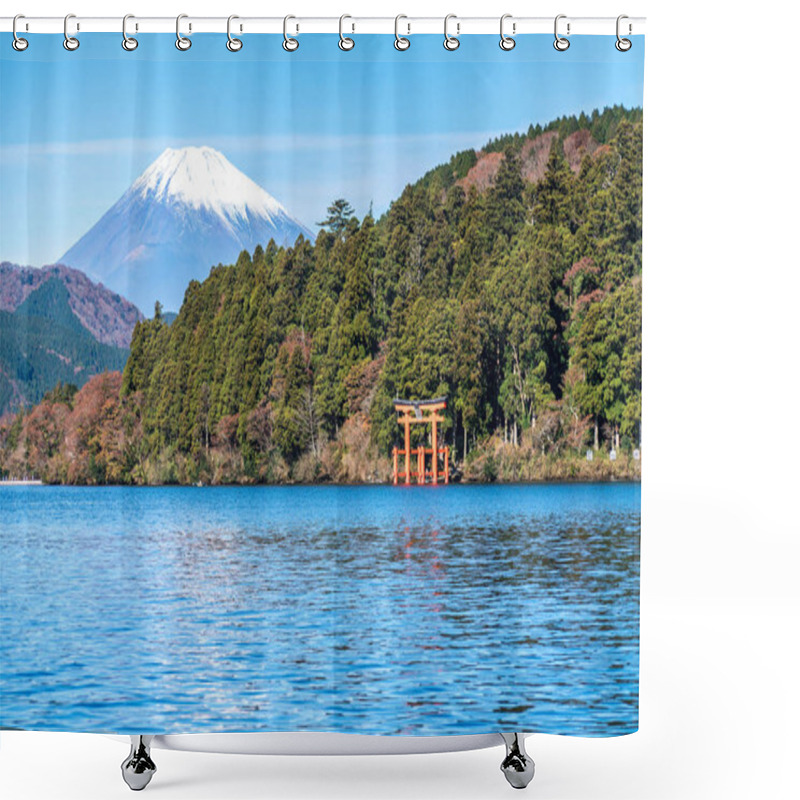 Personality  Mountain Fuji And Lake Ashi With Hakone Temple And Sightseeing Boat In Autumn Shower Curtains