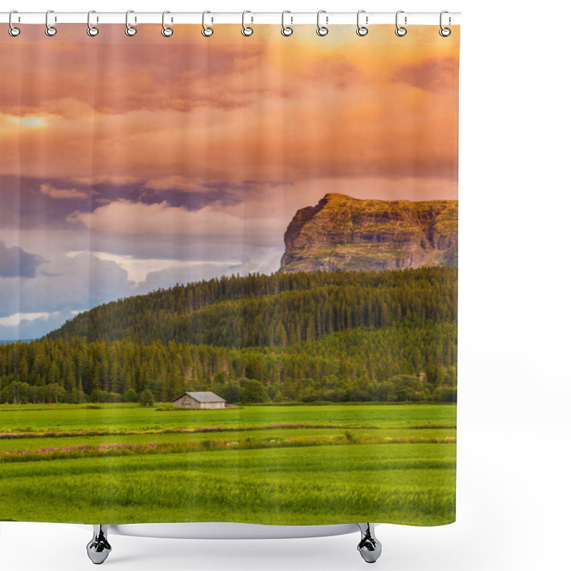 Personality  Dramatic Sunset, Sunrise Cloudscape Over Rural Farm Meadow, Vivid Dusk, Twilight Scene. Panoramic Ranch, Farmland, Farming Grassland At High Mountains Peak. Hiking Journey, Trip To Wilderness. Evening, Morning Nature Sun Light.  Shower Curtains