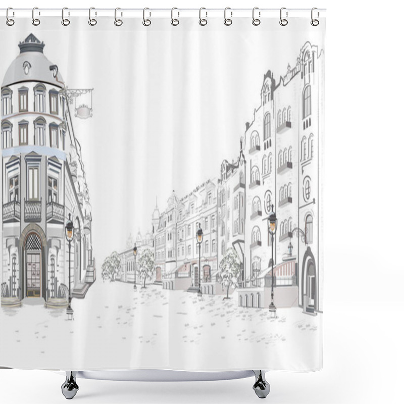 Personality  Series Of Street Views In The Old City. Hand Drawn Vector Architectural Background With Historic Buildings. Shower Curtains