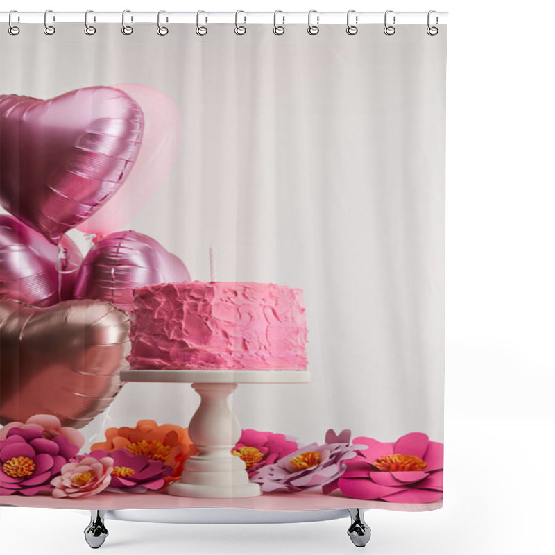 Personality  Pink Birthday Cake With Candle On Cake Stand Near Paper Flowers And Heart-shaped Air Balloons On Grey Shower Curtains