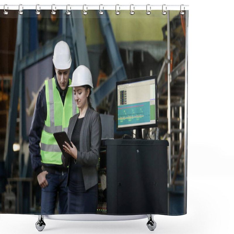 Personality  Portrait Of A Female Factory Manager In A White Hard Hat And Business Suit And Factory Engineer In Work Clothes. Controlling The Work Process At The Airplane Manufacturer. Shower Curtains