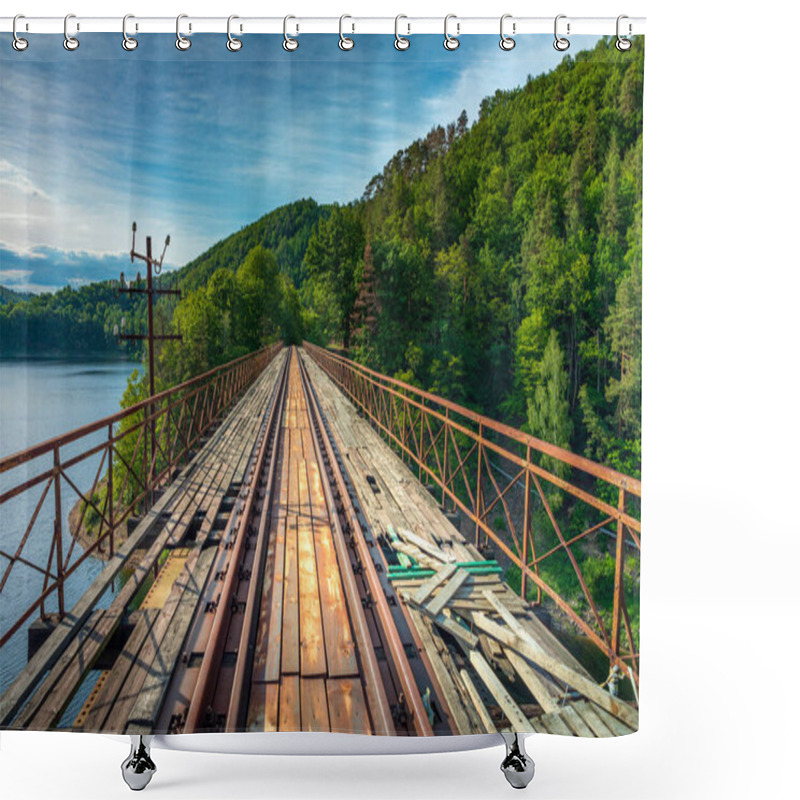 Personality  Historic Steel Truss Underspanned Suspension Railway Bridge From 1902 Over Bobr River In Pilchowice, Poland At Beautiful Morning. Former German Engineering Construction At Closed Railway Line Shower Curtains