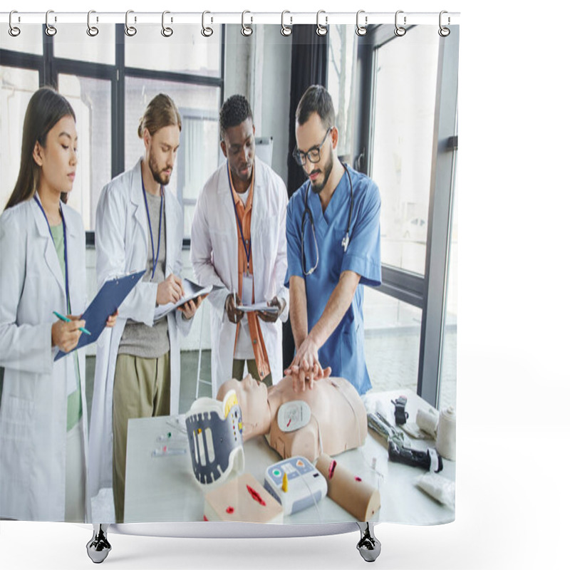 Personality  Medical Instructor Showing Chest Compressions On CPR Manikin Near Defibrillator, Medical Equipment And Multiethnic Students Writing In Training Room, Emergency Situations Response Concept Shower Curtains