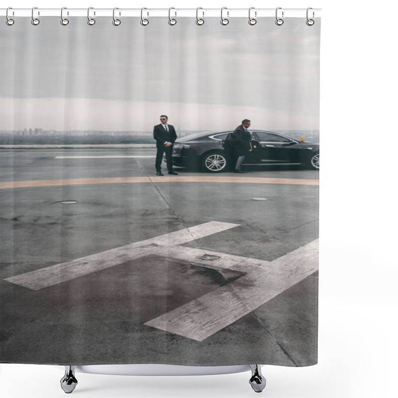 Personality  Bodyguard And Businessman Standing Near Car On Helipad Shower Curtains