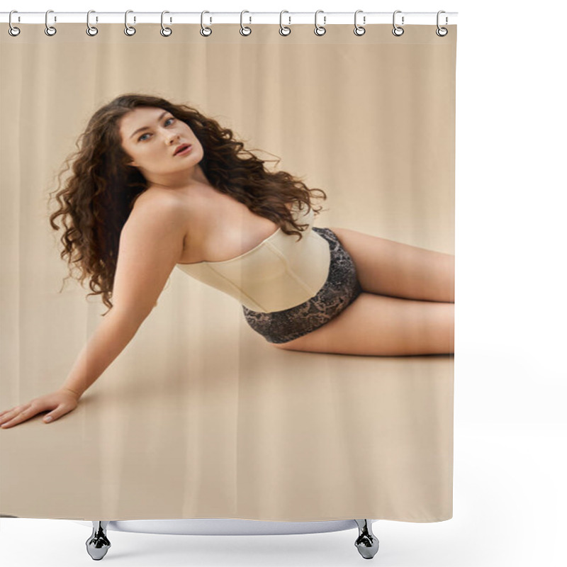 Personality  A Young Plus Size Woman Sits Gracefully, Showcasing Her Stylish Underwear Against A Warm Backdrop. Shower Curtains