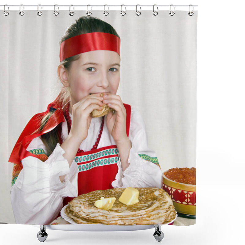 Personality  Russian Girl Behind A Table With Pancakes Shower Curtains