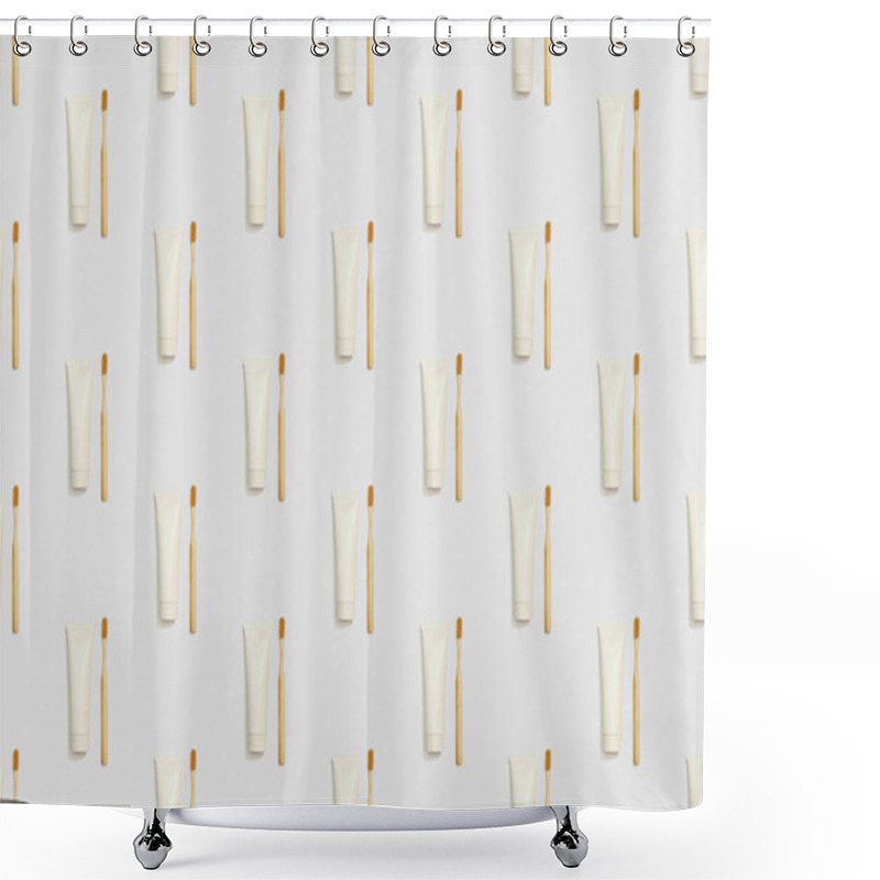 Personality  Vertically Located Bamboo Toothbrushes And Toothpaste In Tubes On Grey Background, Seamless Background Pattern Shower Curtains