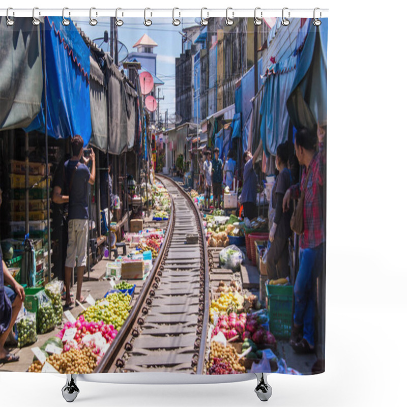 Personality  Samut Songkhram, Thailand-SEP 12,2017: The Famous Railway Market Or Folding Umbrella Market At Maeklong, Thailand, One Of Famous Market Landmark In Thailand. Shower Curtains