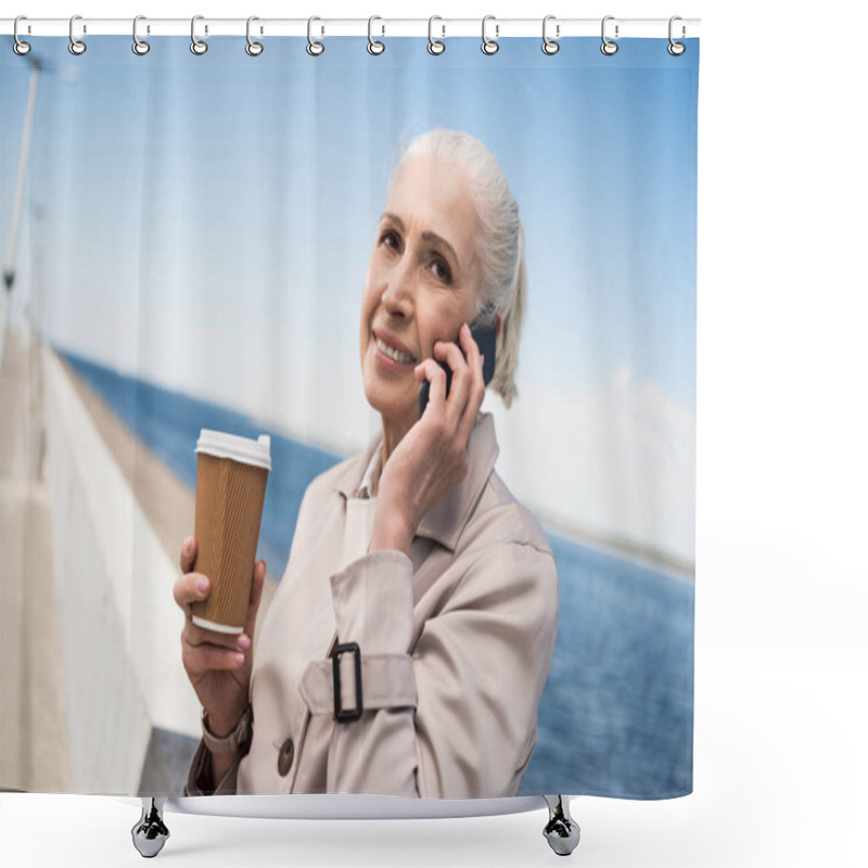 Personality  Elderly Woman Talking On Smartphone At Quay Shower Curtains