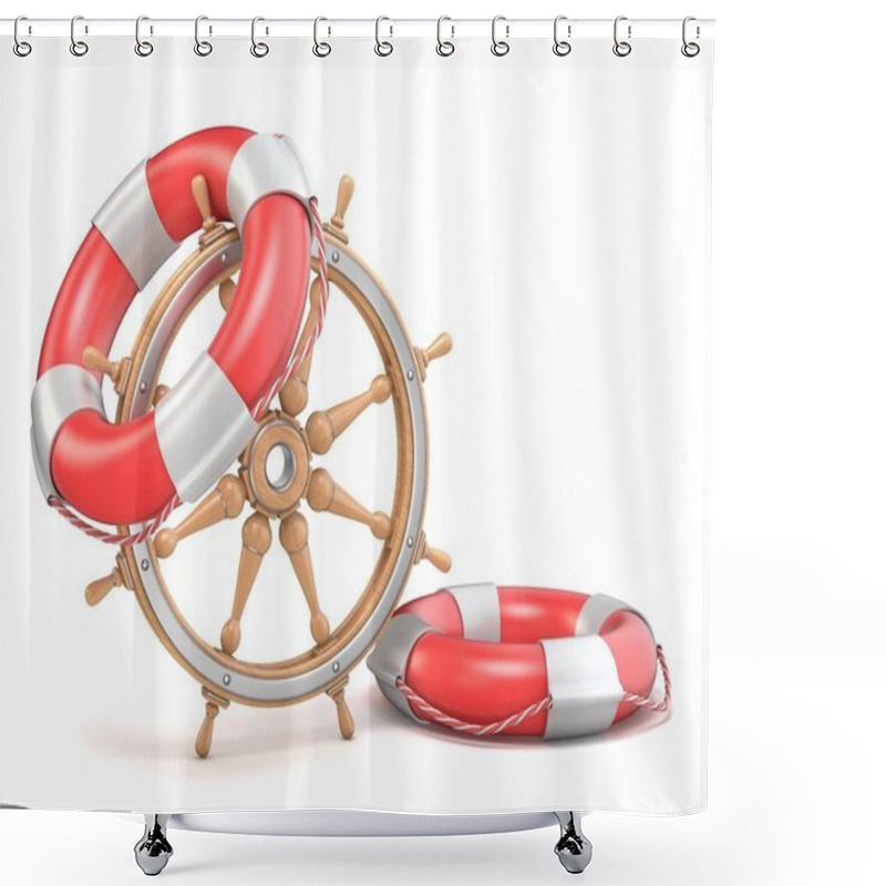 Personality  Wooden Ship Wheel And Two Life Buoys 3D Shower Curtains