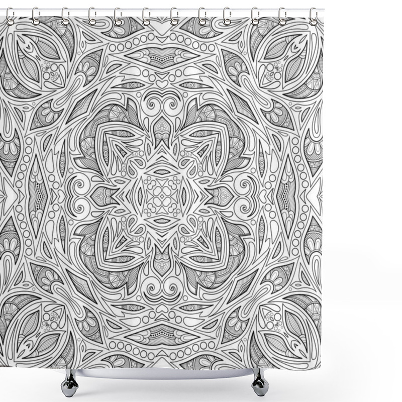 Personality  Monochrome Seamless Pattern With Floral Ethnic Motifs. Endless Texture With Abstract Design Elements. Indian, Turkish, Batik, Paisley Garden Style. Coloring Book Page. Vector 3d Contour Illustration Shower Curtains