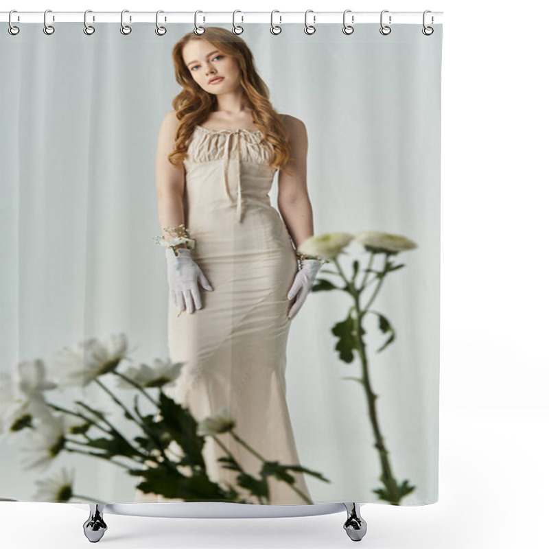 Personality  A Beautiful Young Woman Poses Elegantly With Flowers Beside Her. Shower Curtains