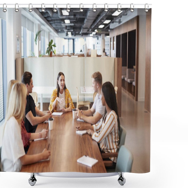 Personality  Group Of Young Candidates Sitting Around Table And Collaborating On Task At Business Graduate Recruitment Assessment Day Shower Curtains