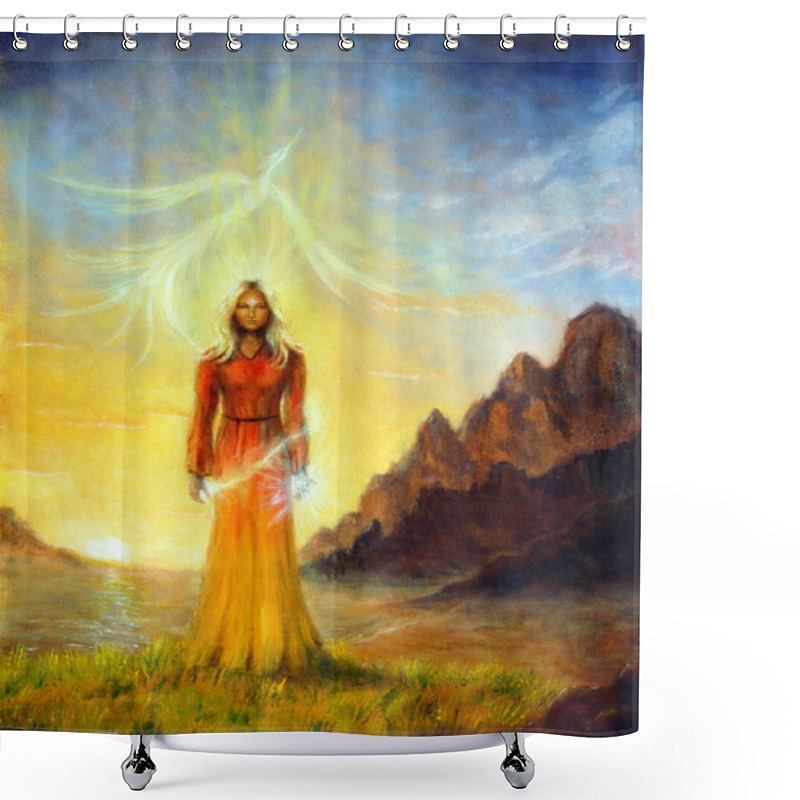 Personality  Enchanting Mystical Priestess In Orange Gown With A Sword Of Light In A Landscape Bearing A Shining Sign Up On The Sky Shower Curtains