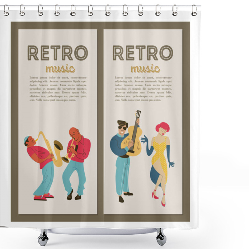 Personality  Retro Party. Jazz Musicians Playing Trumpet, Guitar And Saxophone. Dancing Girl. Set Of Characters In The Style Of 70-80 Years. Vector Illustration. Shower Curtains