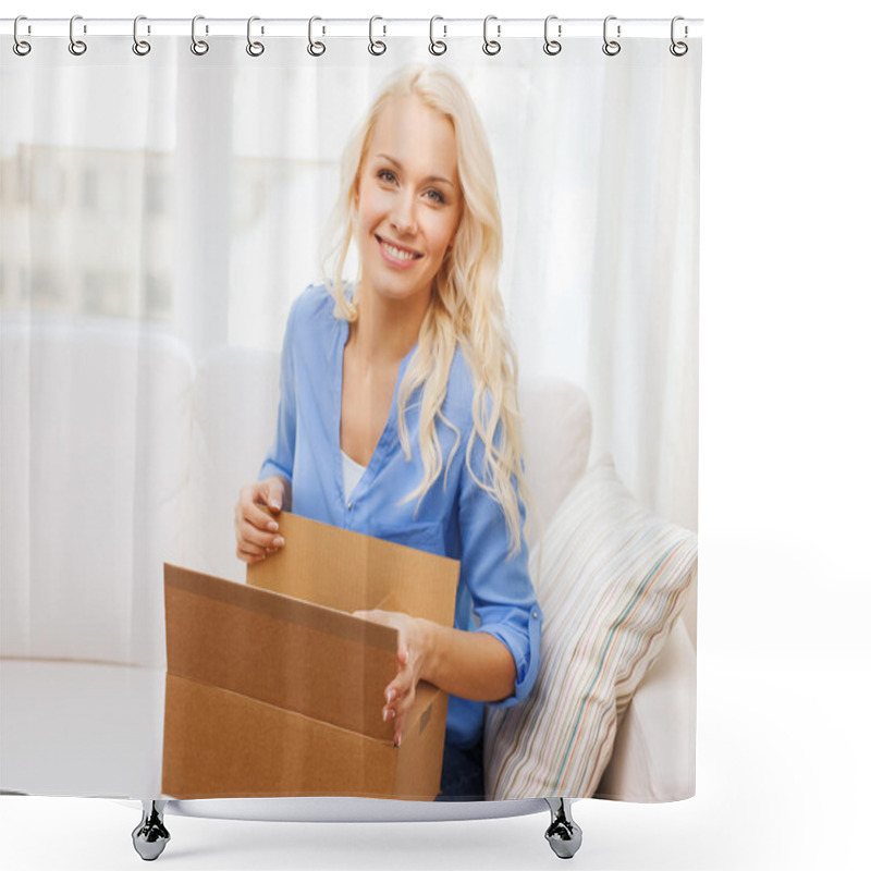 Personality  Smiling Young Woman Opening Cardboard Box At Home Shower Curtains