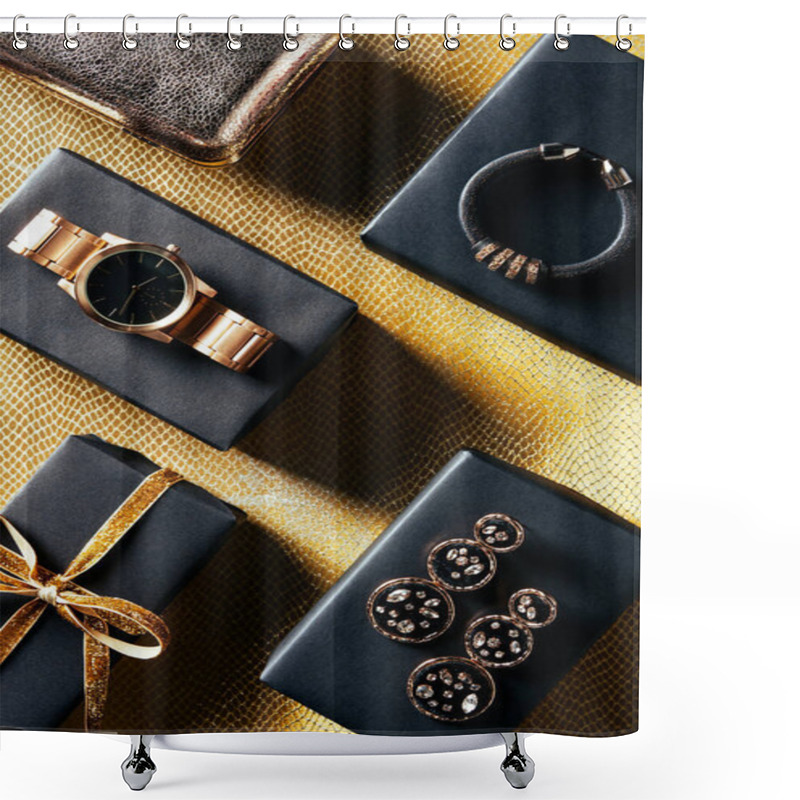 Personality  Flat Lay With Wrapped Gift, Feminine Jewelry And Purse On Golden Backdrop Shower Curtains