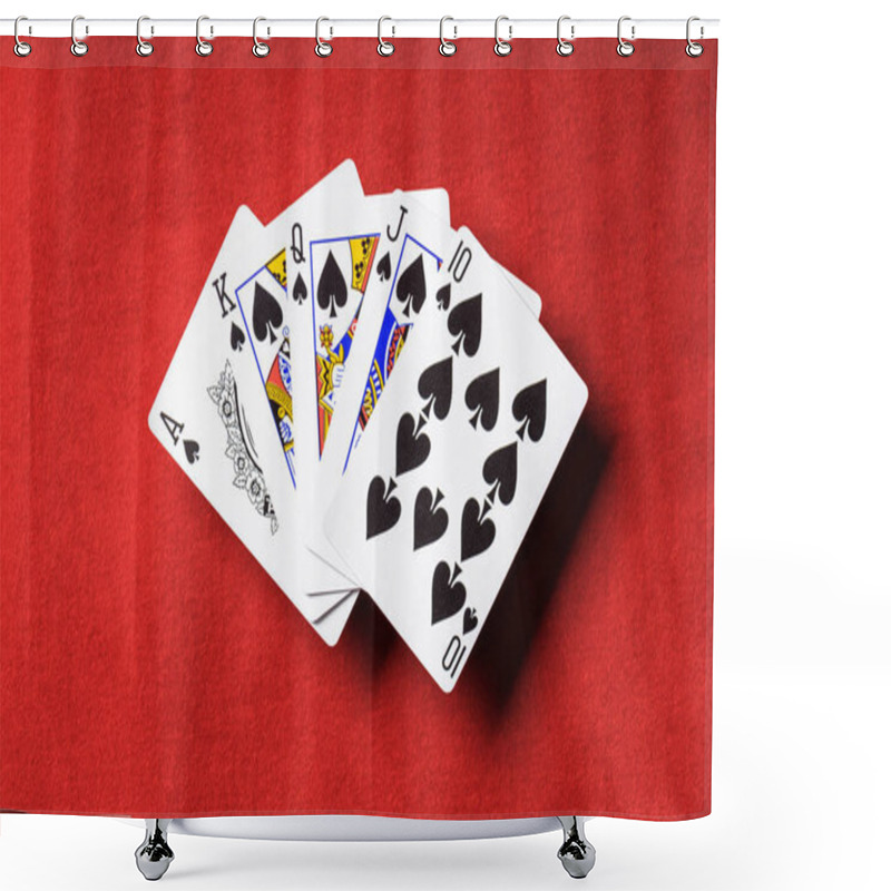 Personality  Top View Of Red Poker Table And Unfolded Playing Cards With Spades Suit Shower Curtains