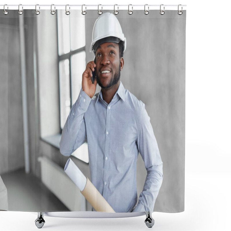 Personality  Architect With Blueprint Calling On Smartphone Shower Curtains