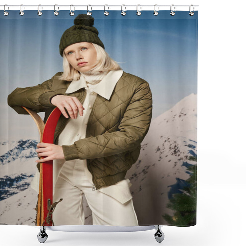 Personality  Stylish Blonde Woman In Jacket With Bobble Hat And Skis In Hands Looking Away, Winter Concept Shower Curtains